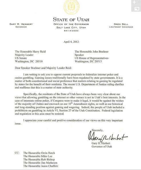 Utah-brief aan Congresspeakers